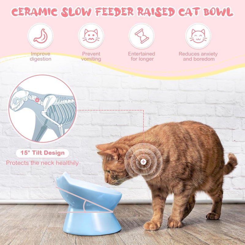 Funnymoom 2 Pcs Ceramic Elevated Slow Feeder Cat Bowl Cute Tilted Anti Vomiting Raised Cat Bowl for Dry Wet Food and Water Easy to Clean High Edge Pet for Small Dogs(Pink, Blue) - Image 4